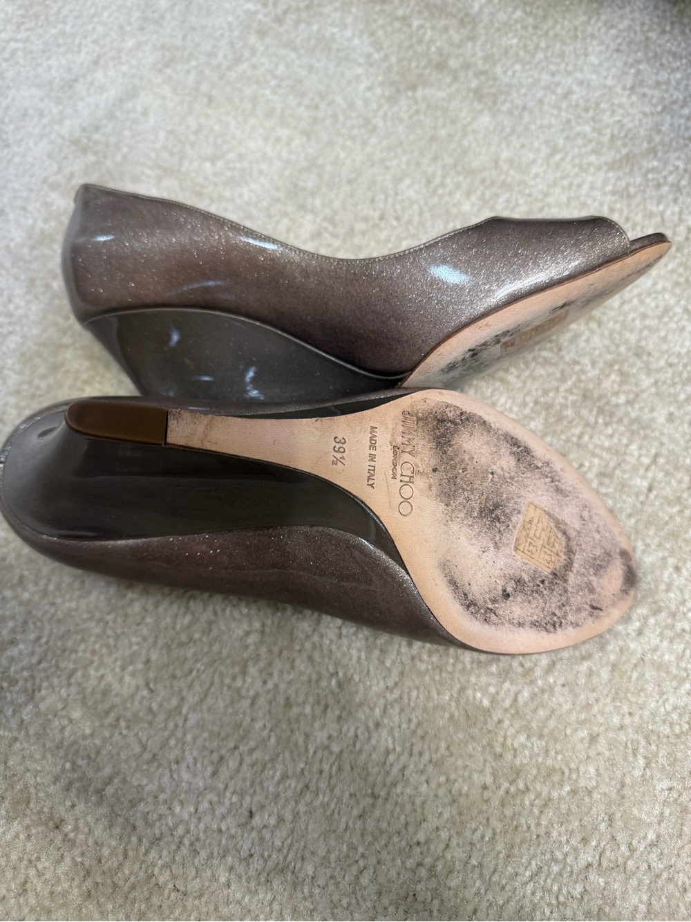 Jimmy Choo Shimmering Metallic Taupe/Brown Peep-Toe Wedge Pumps